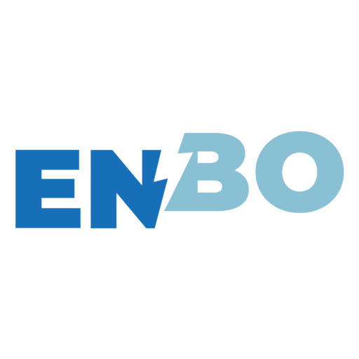 Logoschriftzug ENBO. zwei buchstaben mit Blitz in zwei blautönen